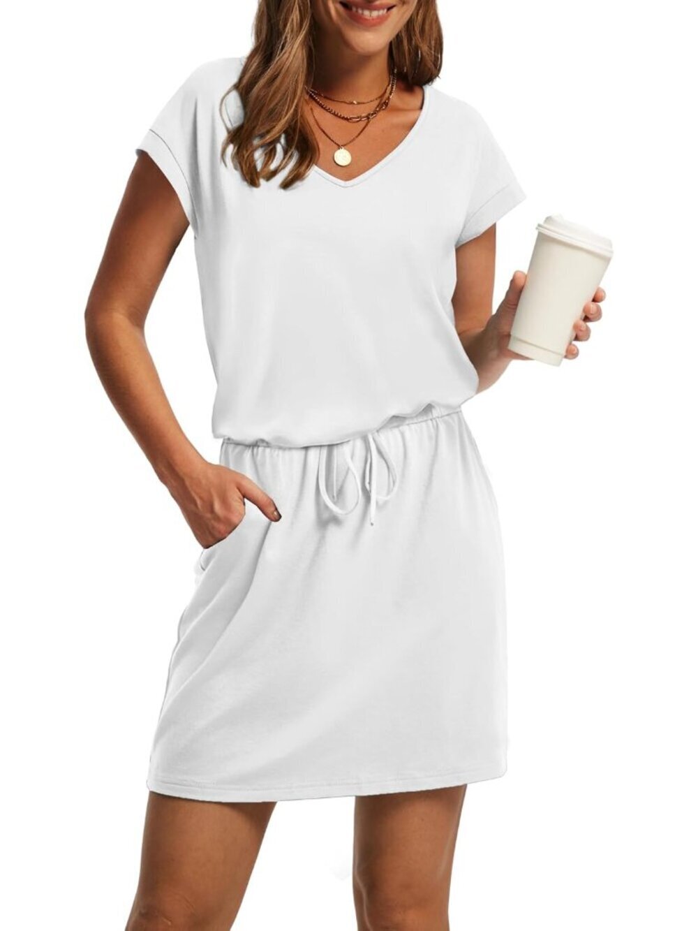 Summer Dresses for Women 2026 V Neck T Shirt Casual Mini Dresses Tie Waist Sundr